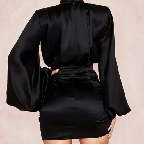 House Of CB  KHRISTEN Black Satin Blouson Dress