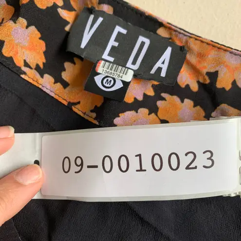 VEDA Dress Womens Medium Montana Orange Black Floral Printed Button Front Midi