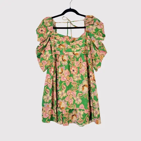 Misa Dress Green Kate Mini Ruched Puffed Floral Pintuck Tie Back A Line Boho XS