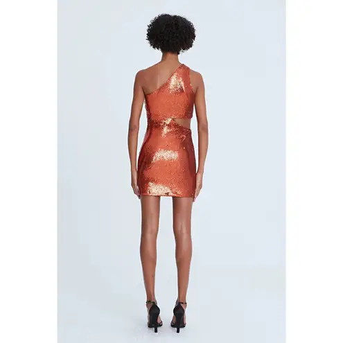 Halston Val Sequins One Shoulder Mini Dress in Orangeade Size 12 NWT