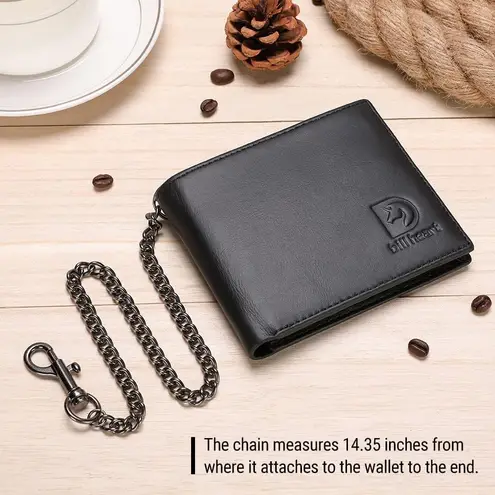 Chain Wallets for Men, RFID Blocking Genuine Leather Bifold Wallet with Sturdy Chain - Image 3