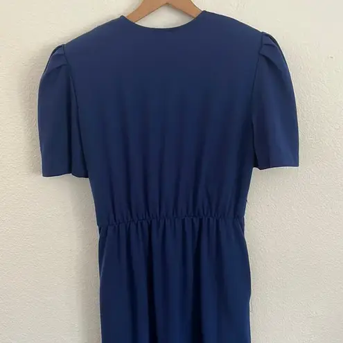 Vintage Blue  Wrap Dress 10 Petite Midi Knee Length Navy Blue Capsule Neutral