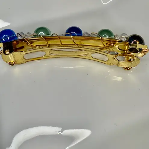 Hand Crafted Blue & Green Round Bead & Clear Crystals Gold Tone Hair Clip