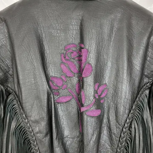 Daytona Joe Womens Moto Jacket Size XXL Black Purple Rose Zip Front Fringe