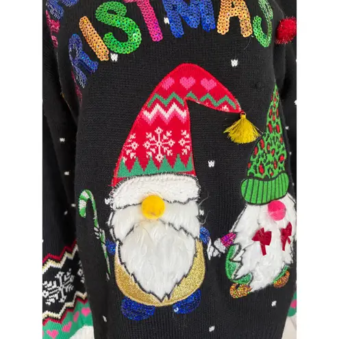 99 Jane Street Womens Medium Christmas Sweater Gnomes Sequin Holiday Black