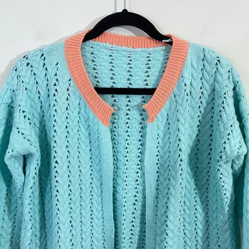 Handmade Vintage Baby Blue & Coral Open Front Cable Knit Cardigan