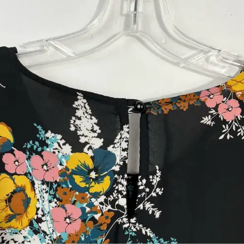 Lily White Black Multicolored Floral Bell Sleeve Bow Tie Detail Chiffon Blouse L