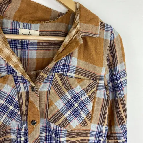 Thread and Supply  Yellow Blue Plaid Button Front Cotton Shirt Women's Size Small S