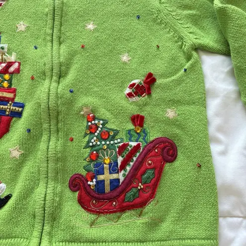 Tiara International Vintage 90s Y2K Womens Girls Full Zip Sweater Christmas Holiday Santa Green