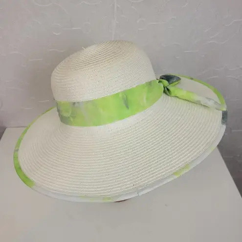 Sun n Sand Womens Sun Hat White Green Tie Dye Ribbon Trim Wide Brim Beach Summer