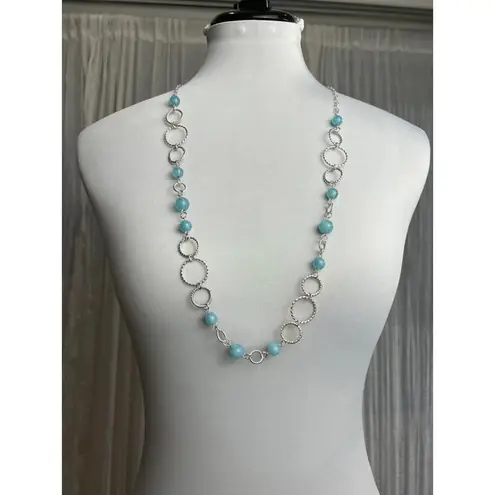 Long Silver Tone Aqua Blue Bead & Open Circle Link Chain Necklace