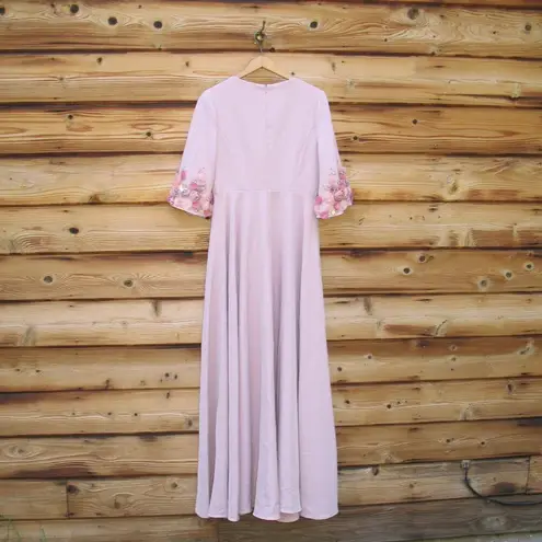 Mac Duggal 11854 Pink Crepe 3/4 Sleeve A-line Gown With Flower Trim