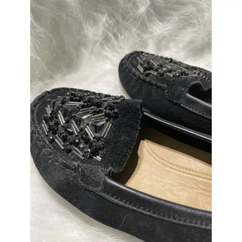 Etienne Aigner Nature Beaded Black Suede Slip-On Loafers With Leather Trim & Cushioned Insole 7