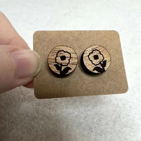 3 Pack Wooden Engraved Stud Earrings Brown