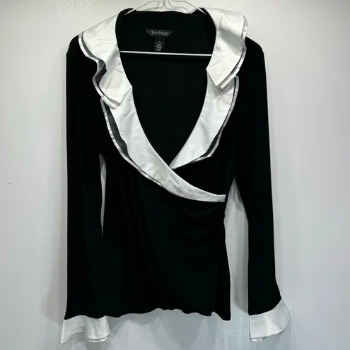 White House | Black Market  Black Wrap Blouse White Satin & Lace Collar & Cuffs M