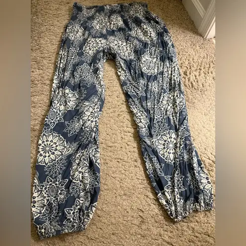 Lotus & Luna Corfu Floral Print Blue White Ankle Jogger Harem Pants