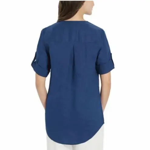 Ellen Tracy 100% Linen Navy Blue Tunic Top Roll Tab Sleeve V-Neck Size Medium