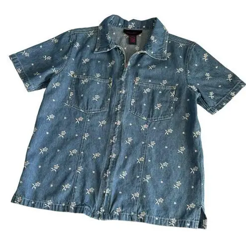 Denim & Co Short Sleeve Floral Eyelet Embroidered Jean Chambray Zip Up Top Small