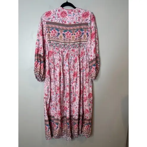 R Vivimos Maxi Dress Size XS Boho Cottage Peasant Floral Pink Tassel Flowy