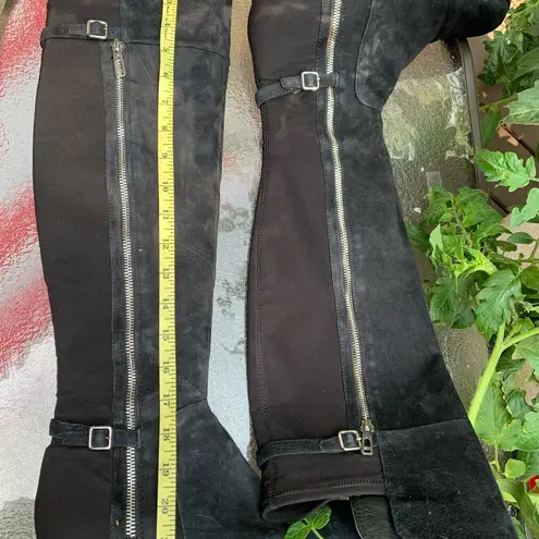 Ivanka Trump  Black Suede Buckles Knee High Stretchy Back Boots 9