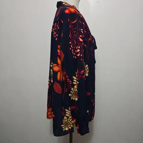 STYLUS Navy Floral Secretary Bow Tie Blouse Long Sleeve XL Retro Geek Blue