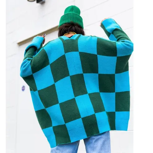 Dressed in Lala Love You Oversize Checkerboard Cardigan Size S/M Blue