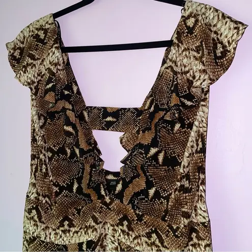 River Island Size 12 Snake Print Maxi Dress Brown Double V Ruffle Sundress