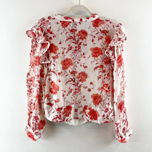 Maeve Floral Print Long-Sleeve Lace-Up Ruffled Sheer Blouse White Red Small P