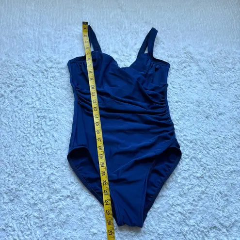 MiracleSuit Sanibel One Piece Swimsuit Sz 10 Navy Blue Side Ruched Faux Wrap