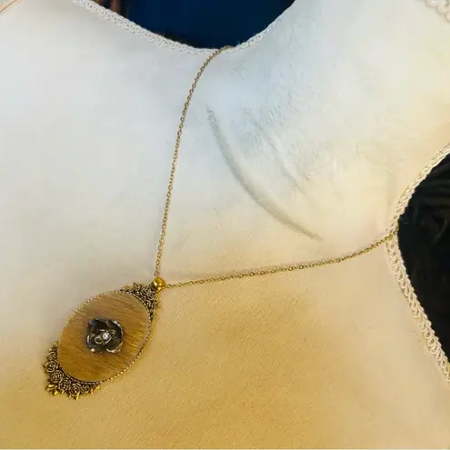 Handmade Handcrafted cowhide rose cameo pendant on chain necklace