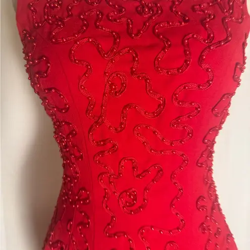 Carmen Marc Valvo Red Beaded Wool Cocktail Dress with Bolero – Size 6