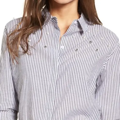 Rails Taylor Florence Striped Cotton Blend Shirt Studded Pearl Embellishment XS