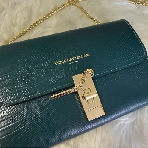 Viola Castellani Italian Leather Crossbody Purse – Teal Lizard Embossed – NWT Blue