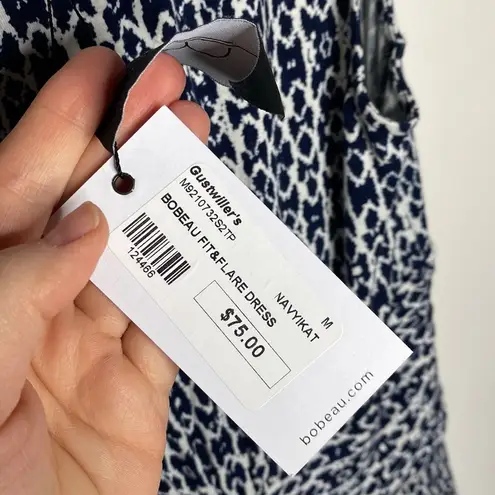 Bobeau navy ikat fit and flare jersey knit stretch midi dress size M