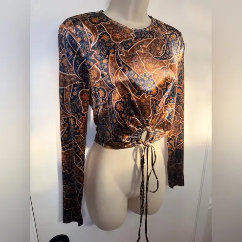 Elodie Anthropologie Crop Top Blouse Sz M Paisley Velvet Smocked Long Sleeve