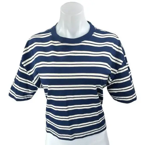 Everlane  Blue White Striped Knit Short Sleeves Pullover Crop Tee T-Shirt Top L