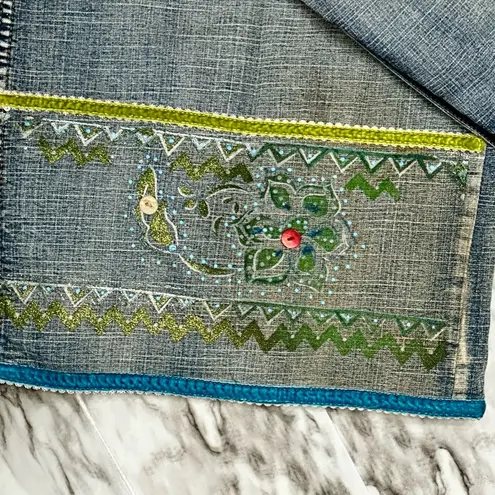 Crest Wide Leg Embellished Cropped Women’s Sz 19/20 Boho Artsy Whimsical Denim Blue