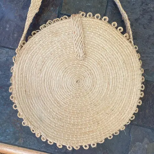 VINTAGE Handmade Straw Raffia Crossbody Bag Circular Woven Floral Green Neutral Tan