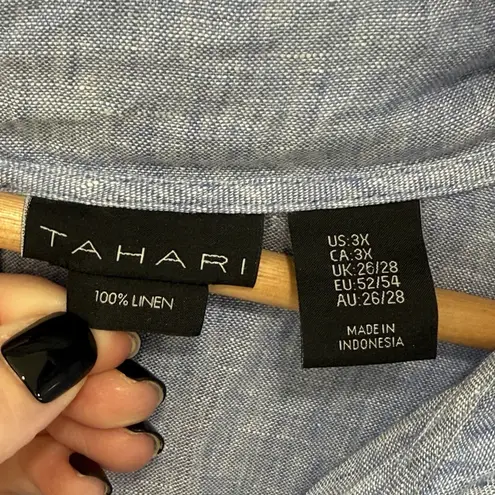 Tahari 100% Linen Hooded Popover Tunic Top Sz 3X Blue V Neck Ocean Swim Coverup