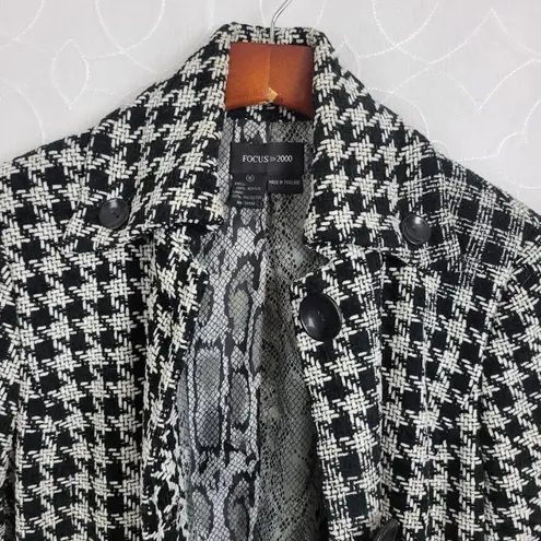 Focus 2000 Womens Trench Coat Size 10 Black White Houndstooth Long Sleeve Button