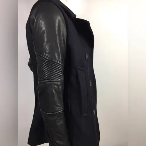 All Saints Zaskia Pea Coat Navy Wool Black Leather
Sleeves Double Breasted