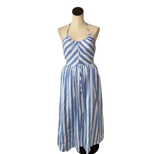 Avec Les Filles NWT Stripe Halter Neck Cotton Blend Midi Dress 6, BLUEWHITE