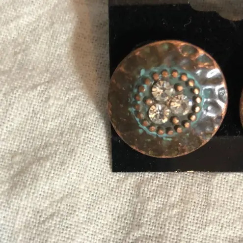Handcrafted One of a Kind Beaten Round Copper Earrings Rhinestones NEW