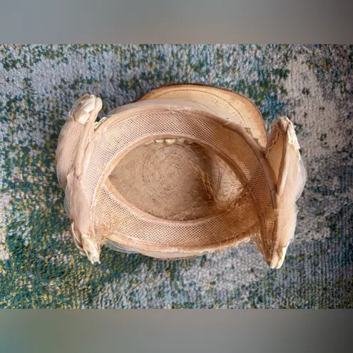 Vintage woven face veil floral bridal wedding headpiece hat Tan