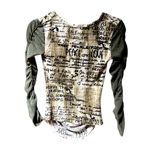 Y2K VTG. MADE IN PARIS Vie Ta Vie GRAPHIC OLIVE GREEN MESH SLEEVE TOP SMALL