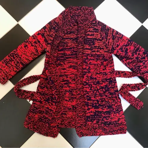 Vintage Handmade Belted Open Sweater Duster Hand Knit Red Orange Navy Crochet ~M Size M