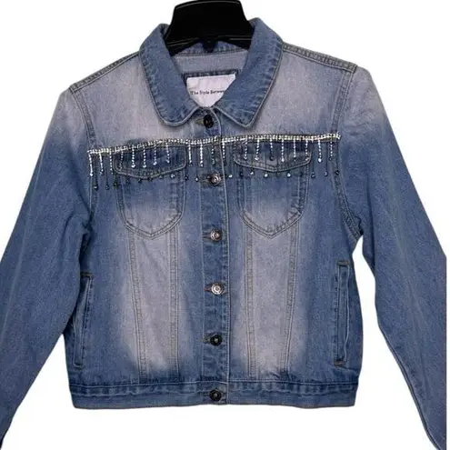 The Style Between Us Denim Fringe Rhinestone Fringe Jean Jacket Size Medium