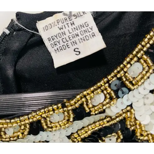 Vintage 80s Silk Beaded Sheath Dress, Formal, Black Tie Cocktail Kazar Blk/Gld Size 6