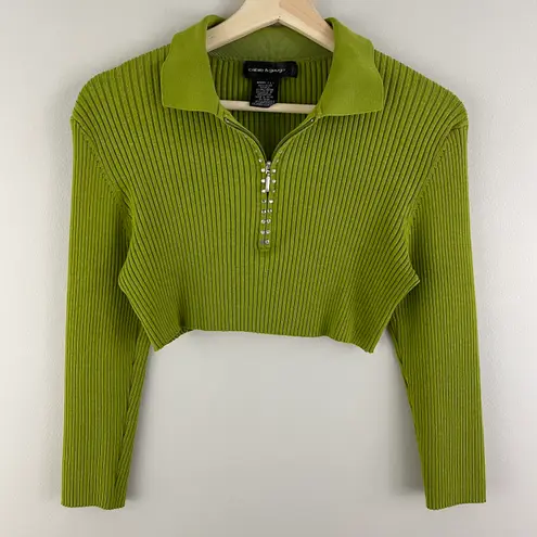 Cable and Gauge Y2K 90’s Vibes Green Ribbed Rhinestone Half Zip Cropped Sweater
