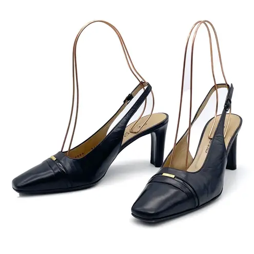 St. John Black Leather Slingback Heels Size 7 Made in Italy Square Toe Pumps VTG